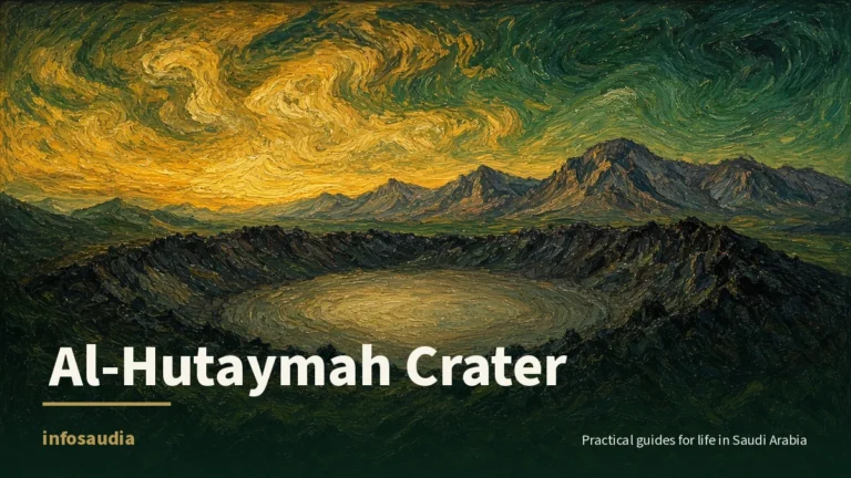 Painterly view of a wide volcanic crater ringed by dark lava rock under a golden sky, with the Salma Mountains behind, for Al-Hutaymah Crater in Hail, infosaudia