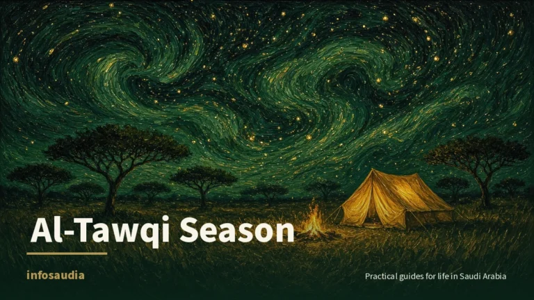 Painterly starry night over a desert meadow with a glowing gold tent, a small campfire and acacia trees, for Al-Tawqi Season at King Abdulaziz Royal Reserve, infosaudia