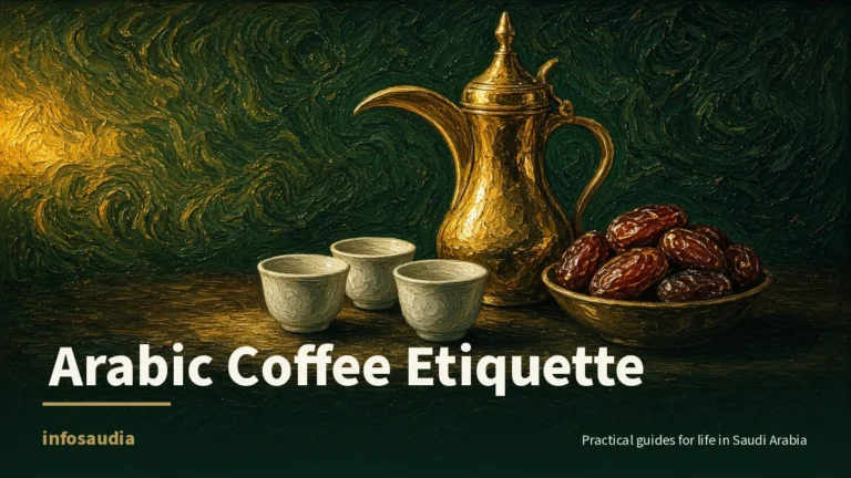 Painterly still life of a gold Arabic coffee pot (dallah) with small white cups and a bowl of dates on a dark wooden table, for Arabic coffee etiquette in Saudi Arabia, infosaudia