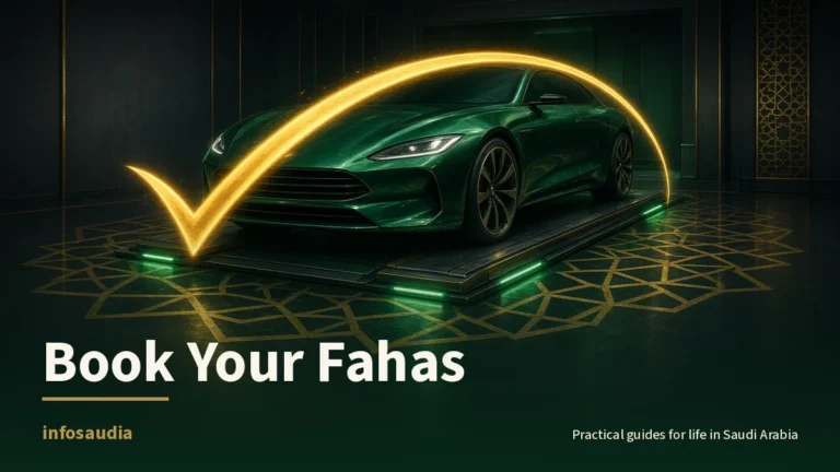 Emerald car on a glowing inspection ramp under a sweeping golden checkmark of light, gold geometric floor: booking a Fahas vehicle inspection