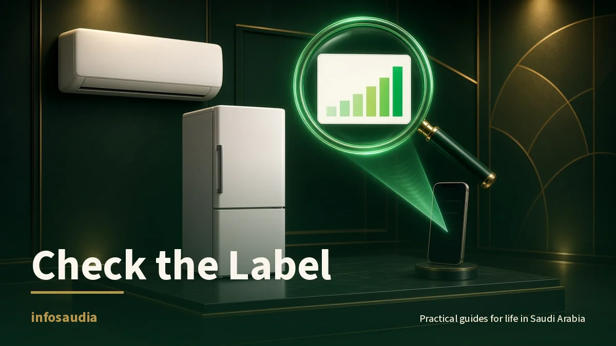 Painting of an air conditioner and fridge on a showroom plinth with an emerald magnifying glass over a blank label and a phone emitting a scanning beam: checking energy labels with Taakad