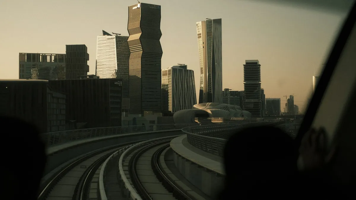 KAFD skyline in Riyadh seen from a metro train