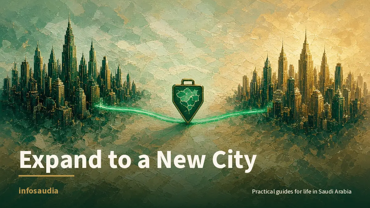 Two stylised city skylines joined by a glowing emerald route with a gold pin on desert map: expanding a service business to a new Saudi city
