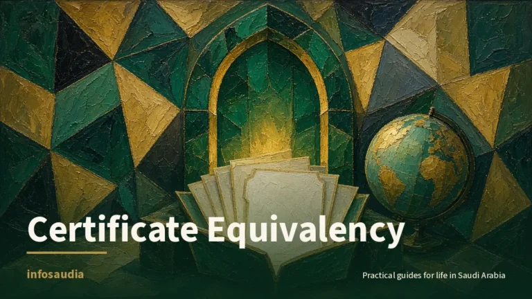 Painting of glowing blank certificate cards rising from an open folder through an emerald arched gate before a globe: foreign school certificate equivalency in Saudi Arabia
