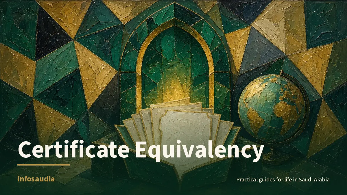 Painting of glowing blank certificate cards rising from an open folder through an emerald arched gate before a globe: foreign school certificate equivalency in Saudi Arabia