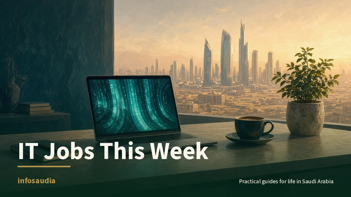 Laptop with glowing teal screen on a desk overlooking a city skyline at golden hour