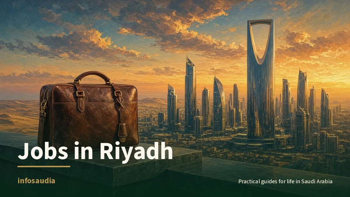 Leather briefcase on a rooftop ledge before the Riyadh skyline at sunset