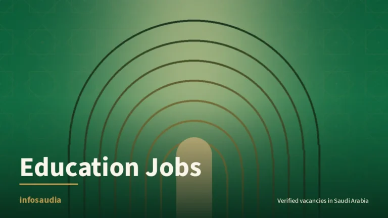 Infosaudia education jobs card: gold geometric motif on deep green for a KFUPM information systems professor vacancy