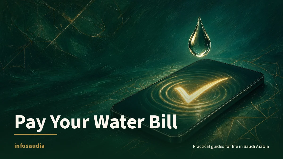 Crystal water droplet hovering over a glowing gold checkmark on a phone screen: paying an NWC water bill online