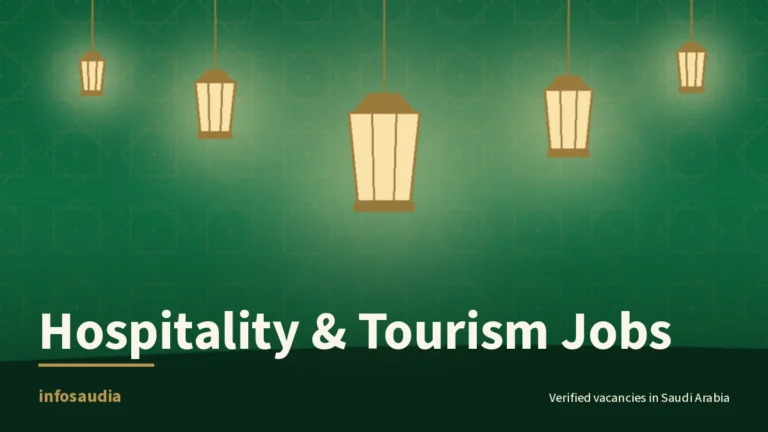 Infosaudia hospitality jobs card: gold geometric motif on deep green for a Red Sea Global divemaster vacancy