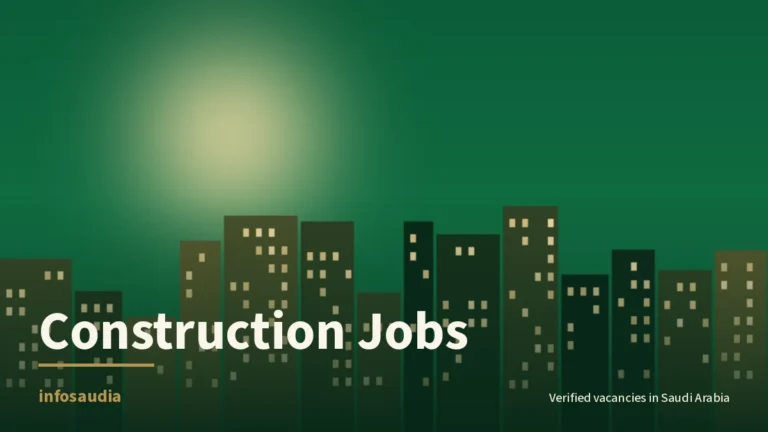 Infosaudia construction jobs card: gold geometric motif on deep green for a Red Sea Global health and safety specialist vacancy