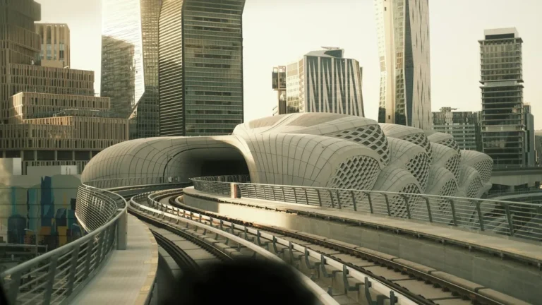 Elevated metro tracks and towers in the King Abdullah Financial District, Riyadh