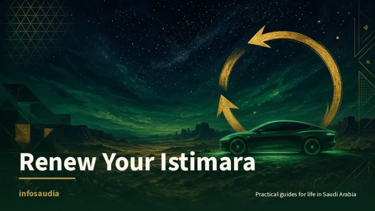 Sleek car glowing emerald under a desert night sky framed by a gold renewal arrow: renewing vehicle registration (istimara)
