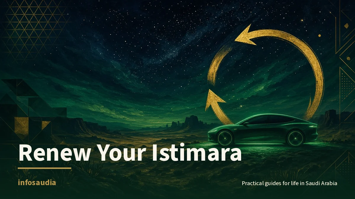 Sleek car glowing emerald under a desert night sky framed by a gold renewal arrow: renewing vehicle registration (istimara)