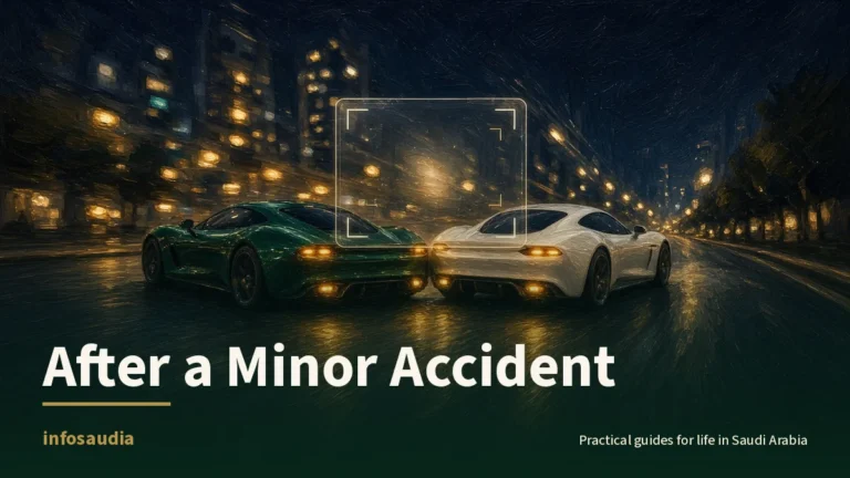 Painterly night road with a green and a white car touching bumpers under a glowing phone camera frame: reporting a minor car accident with Najm and Absher