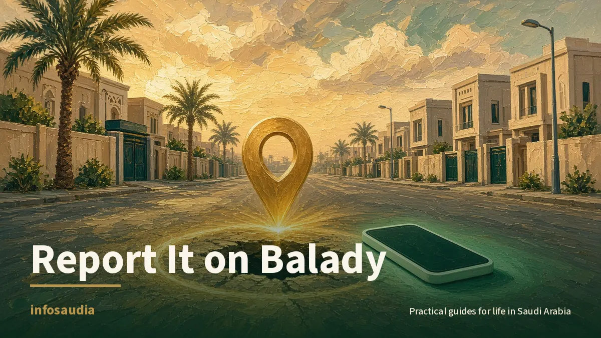 Glowing gold map pin over a pothole on a Saudi residential street at golden hour, beside a phone with emerald glow: reporting a municipal problem on Balady