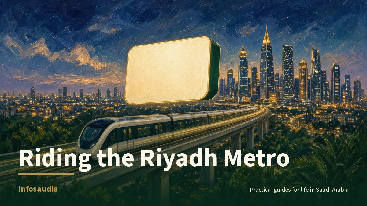 Driverless metro train on an elevated track through a blue-hour Riyadh skyline with a glowing blank travel card in front: Riyadh Metro and Darb tickets and fares