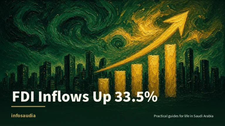 Painterly emerald city skyline at night with five rising gold columns and an upward gold arrow, for Saudi FDI inflows rising 33.5 percent in 2025, infosaudia