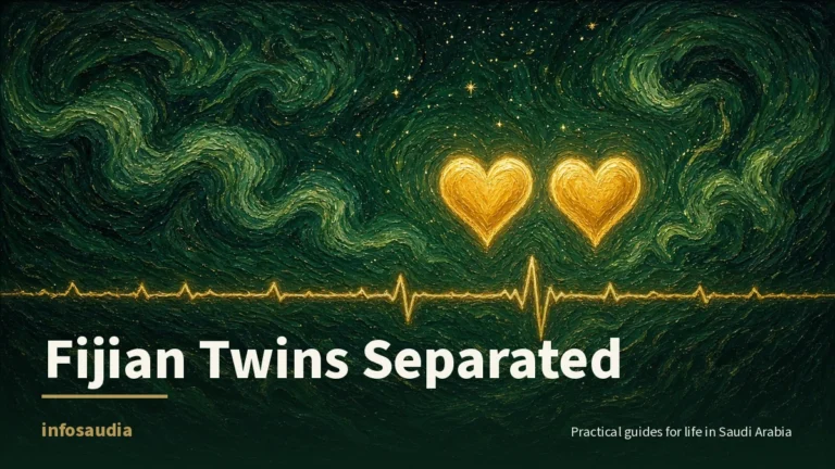 Painterly emerald night scene with two glowing gold hearts side by side above a heartbeat line, for the separation of Fijian conjoined twins in Riyadh, infosaudia