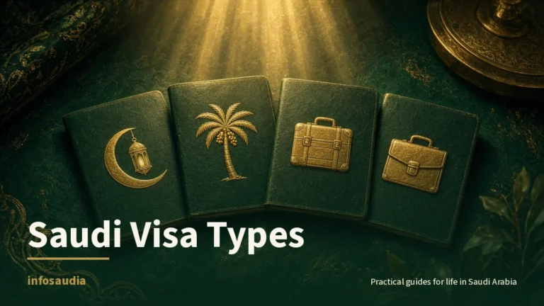 Four green passport-style booklets with gold crescent-lantern, palm, suitcase and briefcase icons in warm light: Saudi visa types compared