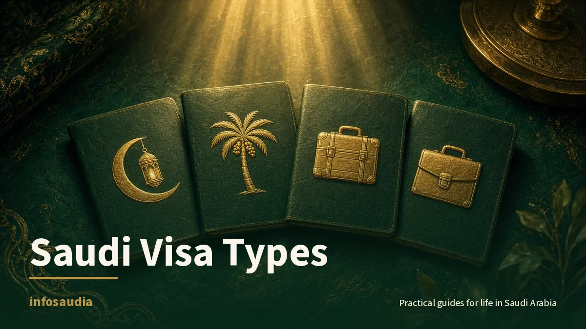 Four green passport-style booklets with gold crescent-lantern, palm, suitcase and briefcase icons in warm light: Saudi visa types compared