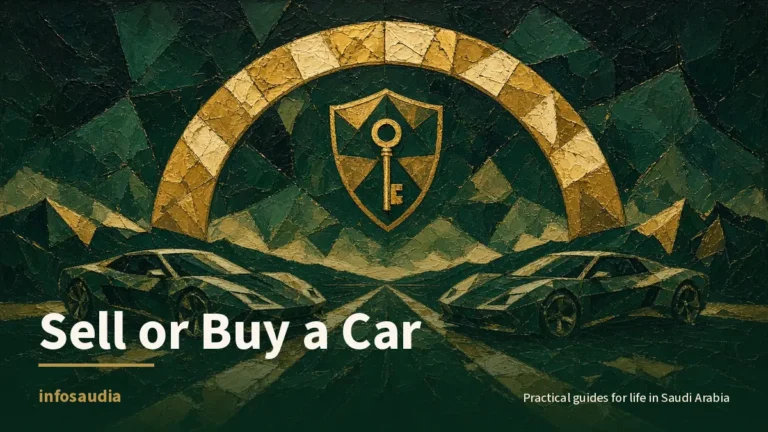 Two abstract car silhouettes facing a gold arch and shield-and-key emblem in emerald painting, for Absher vehicle ownership transfer