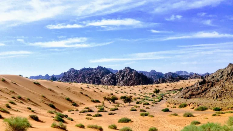 Sand dunes and rocky mountains in the Nafud desert, Hail